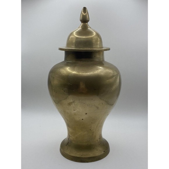 VINTAGE MCM Indian Gold Solid Brass Urn Vase Ginger Jar With Lid - Picture 2 of 6